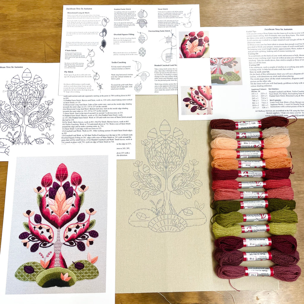 Crewel Work Embroidery Kit, Jacobean Tree In Autumn