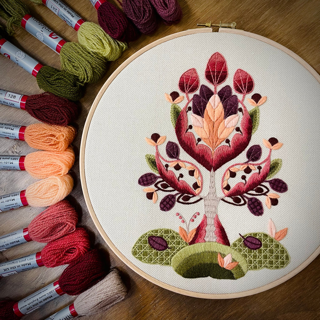 Crewel Work Embroidery Kit, Jacobean Tree In Autumn