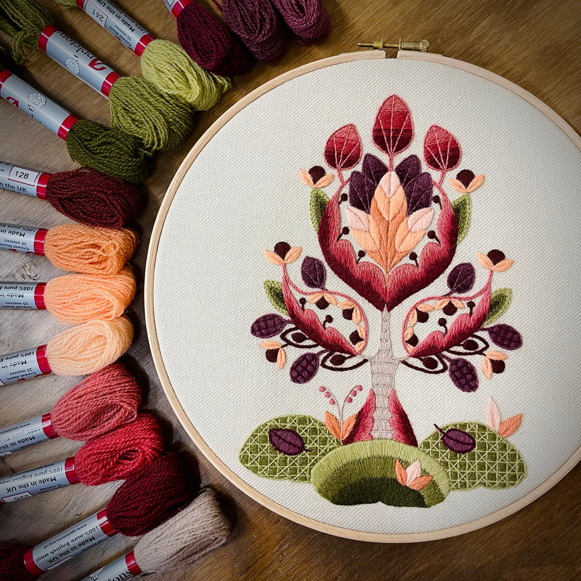 Crewel Work Embroidery Kit, Jacobean Tree In Autumn