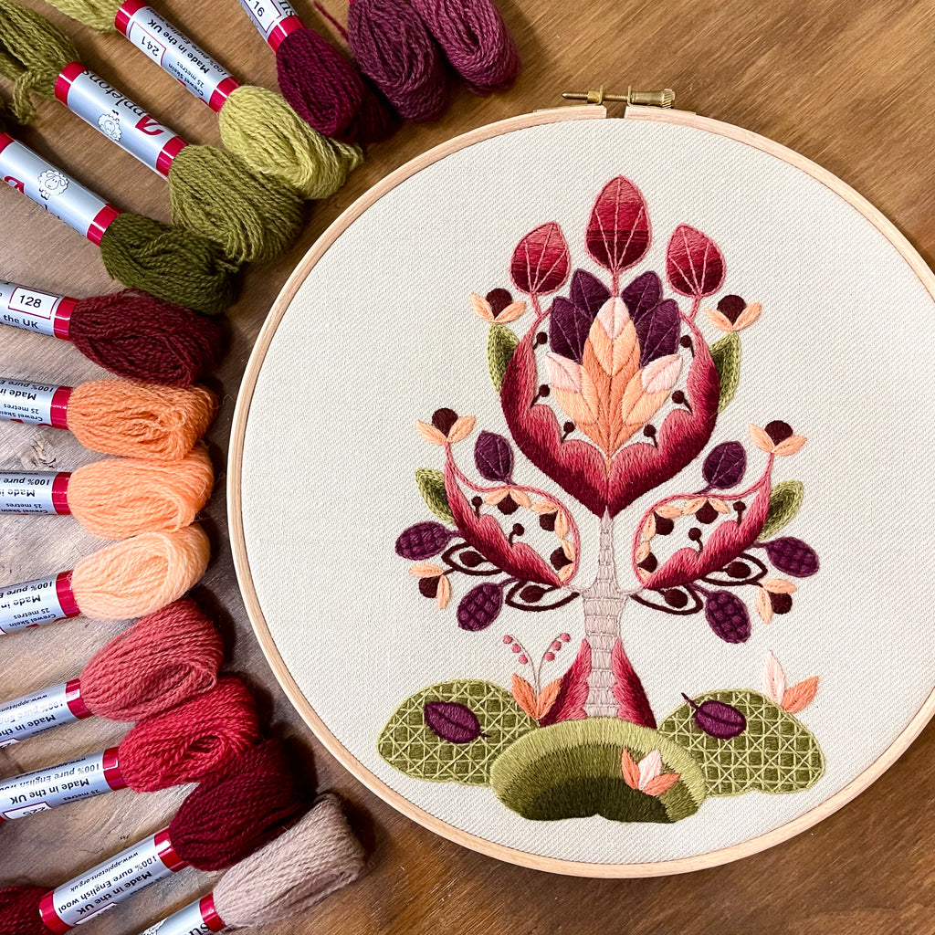 Crewel Work Embroidery Kit, Jacobean Tree In Autumn