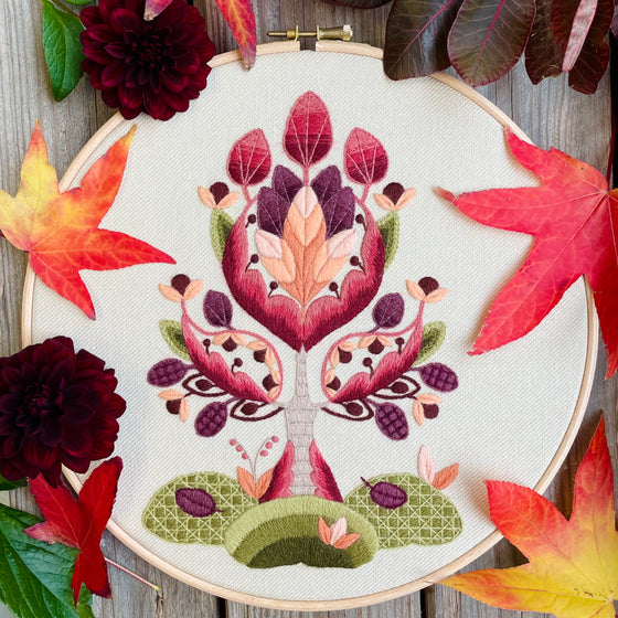 Crewel Work Embroidery Kit, Jacobean Tree In Autumn