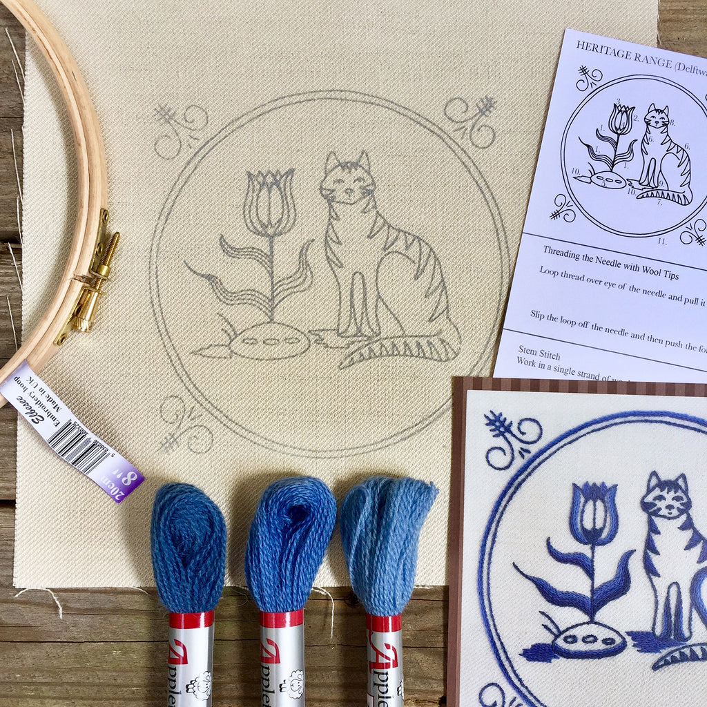 Heritage Range (Delftware) Cat & Tulip Crewel Embroidery Kit