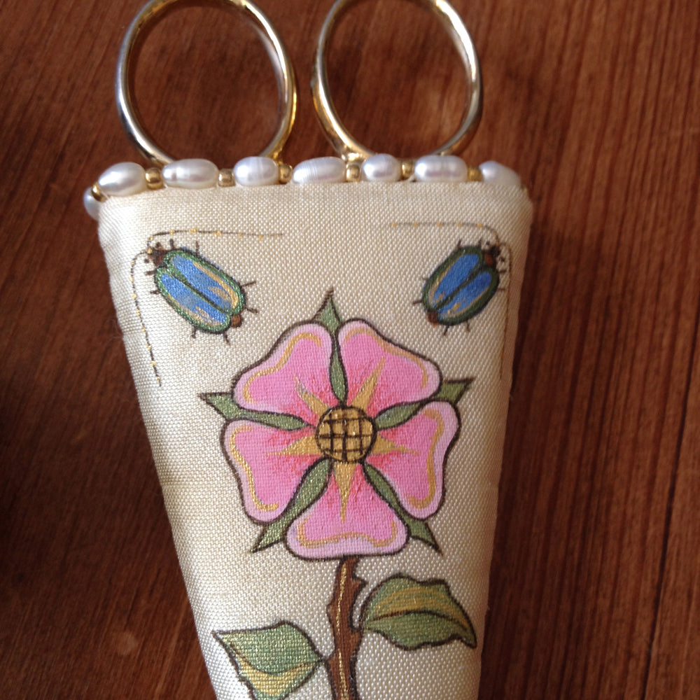 Embroidery Scissor Case Hand Painted With Real Pearls and Gold Beads